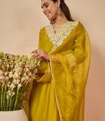 Green embroidered silk kurta trouser dupatta set