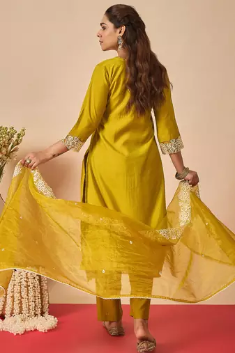 Green embroidered silk kurta trouser dupatta set