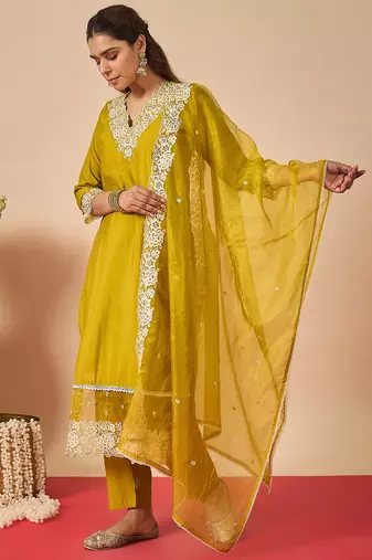 Green embroidered silk kurta trouser dupatta set