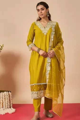 Green embroidered silk kurta trouser dupatta set