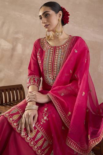 Pink embroidered silk kurta trouser dupatta set
