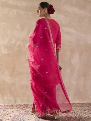 Pink embroidered silk kurta trouser dupatta set 2