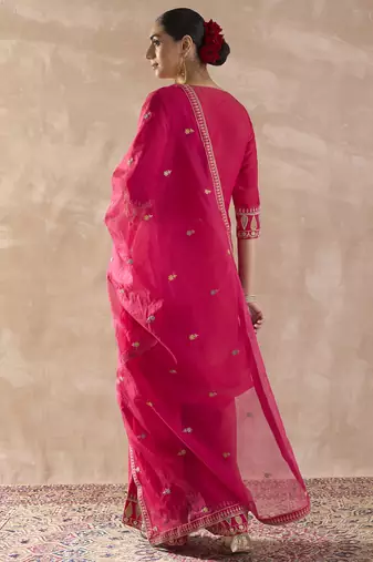 Pink embroidered silk kurta trouser dupatta set