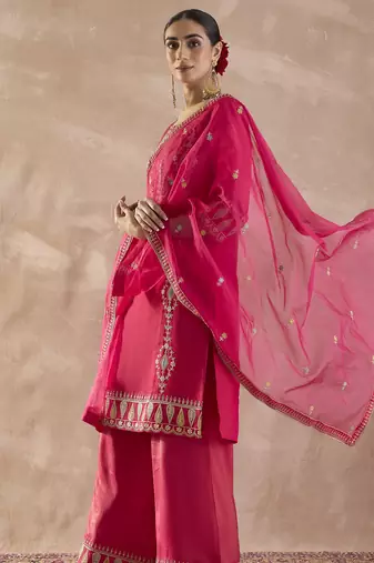 Pink embroidered silk kurta trouser dupatta set