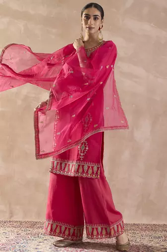 Pink embroidered silk kurta trouser dupatta set