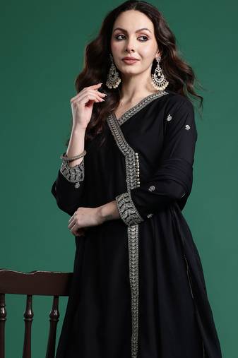Black embroidered silk kurta trouser dupatta set