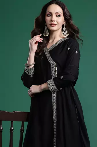 Black embroidered silk kurta trouser dupatta set