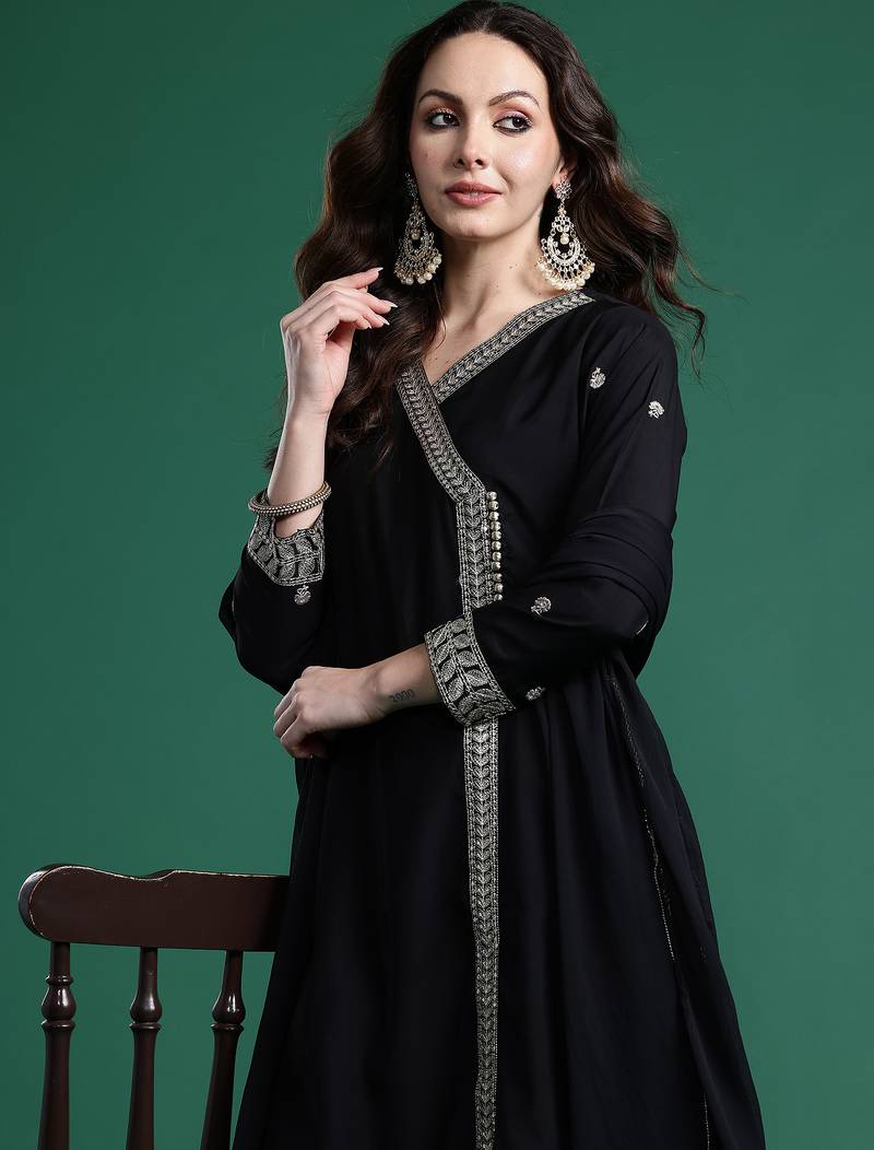 Black embroidered silk kurta trouser dupatta set