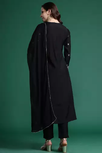 Black embroidered silk kurta trouser dupatta set