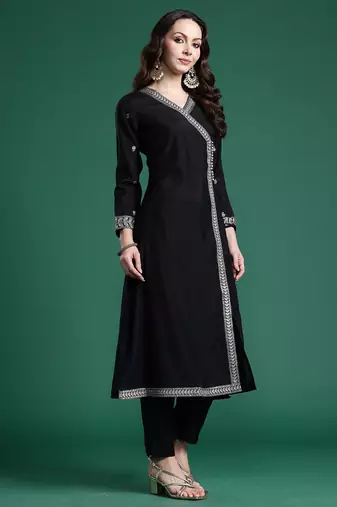 Black embroidered silk kurta trouser dupatta set