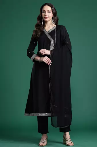 Black embroidered silk kurta trouser dupatta set