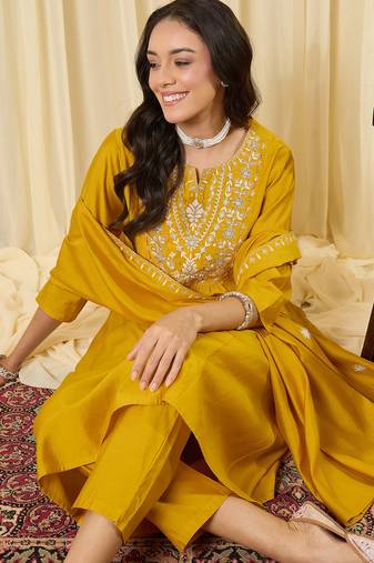 Yellow embroidered silk kurta trouser dupatta set