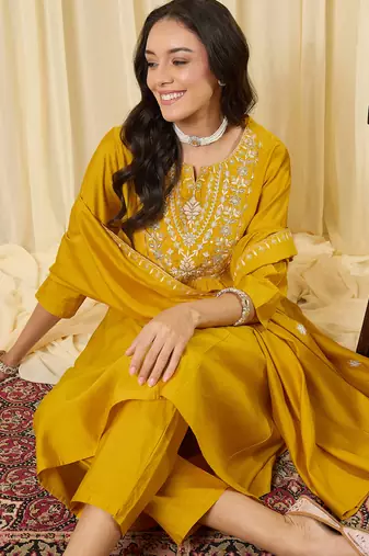 Yellow embroidered silk kurta trouser dupatta set