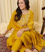 Yellow embroidered silk kurta trouser dupatta set