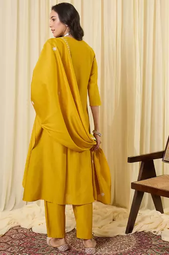 Yellow embroidered silk kurta trouser dupatta set