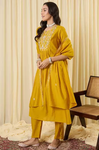 Yellow embroidered silk kurta trouser dupatta set