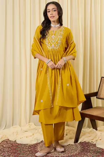 Yellow embroidered silk kurta trouser dupatta set