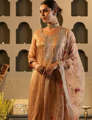 Peach embroidered silk kurta trouser dupatta set 1