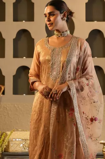 Peach embroidered silk kurta trouser dupatta set