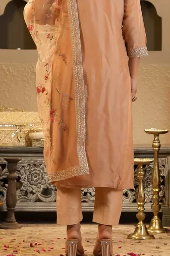 Peach embroidered silk kurta trouser dupatta set