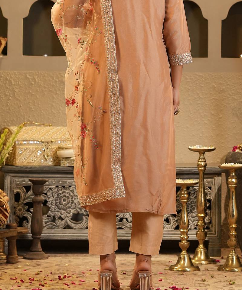 Peach embroidered silk kurta trouser dupatta set