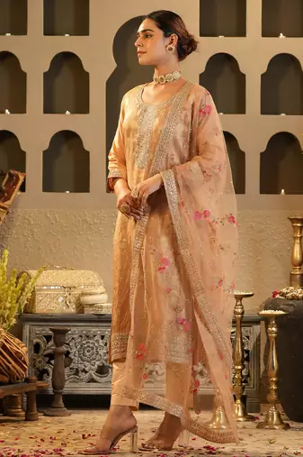 Peach embroidered silk kurta trouser dupatta set
