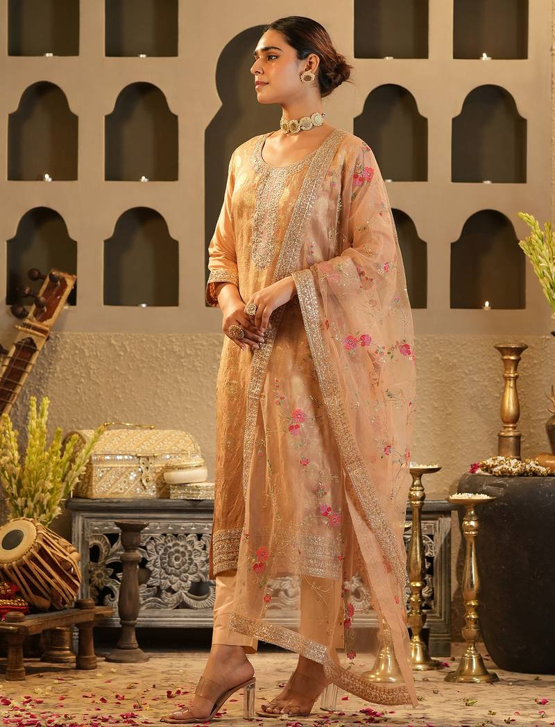 Peach embroidered silk kurta trouser dupatta set