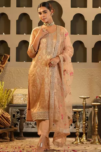 Peach embroidered silk kurta trouser dupatta set