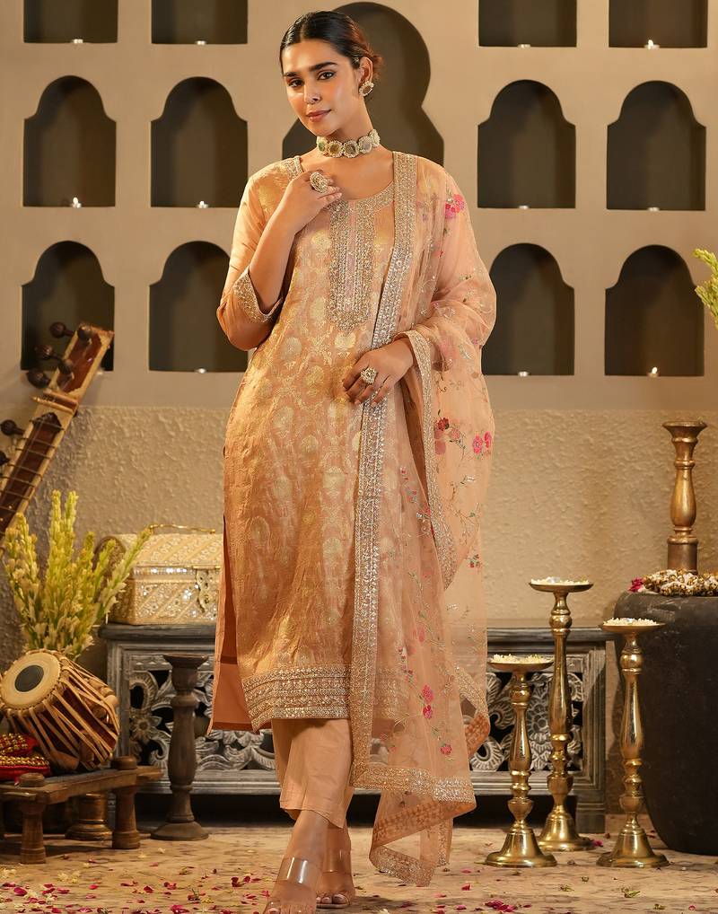 Peach embroidered silk kurta trouser dupatta set