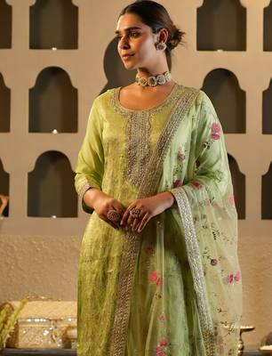 Green embroidered silk kurta trouser dupatta set 1