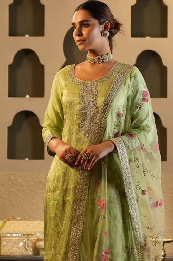 Green embroidered silk kurta trouser dupatta set