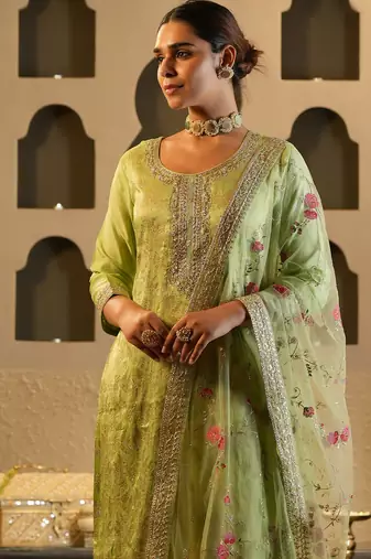 Green embroidered silk kurta trouser dupatta set