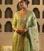 Green embroidered silk kurta trouser dupatta set