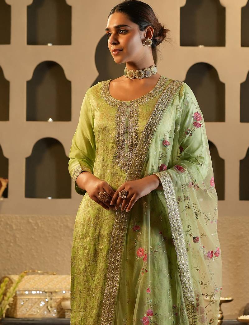 Green embroidered silk kurta trouser dupatta set