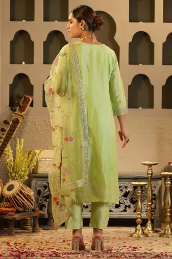 Green embroidered silk kurta trouser dupatta set