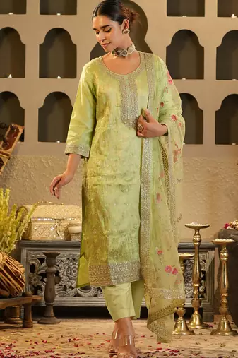 Green embroidered silk kurta trouser dupatta set