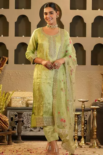 Green embroidered silk kurta trouser dupatta set