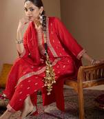 Red embroidered silk kurta trouser dupatta set