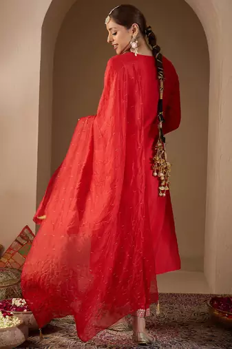 Red embroidered silk kurta trouser dupatta set