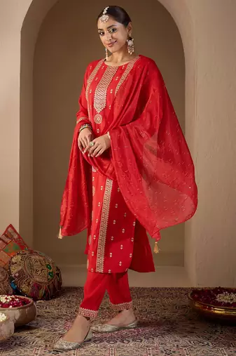 Red embroidered silk kurta trouser dupatta set