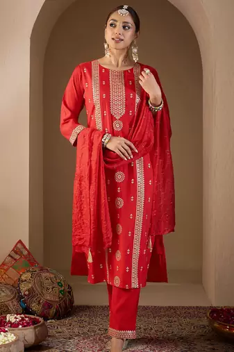 Red embroidered silk kurta trouser dupatta set