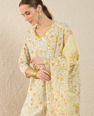 Off white printed pure cotton kurta trouser dupatta set 1