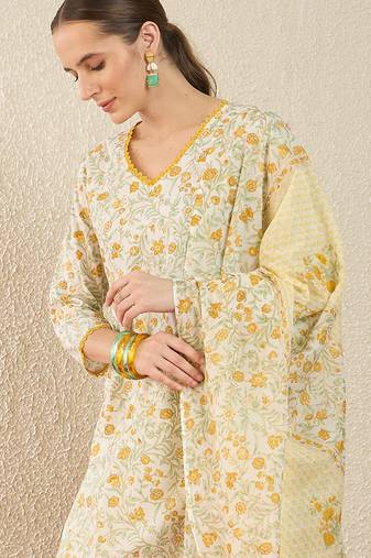 Off white printed pure cotton kurta trouser dupatta set