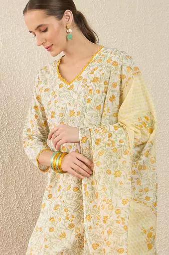 Off white printed pure cotton kurta trouser dupatta set