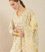 Off white printed pure cotton kurta trouser dupatta set