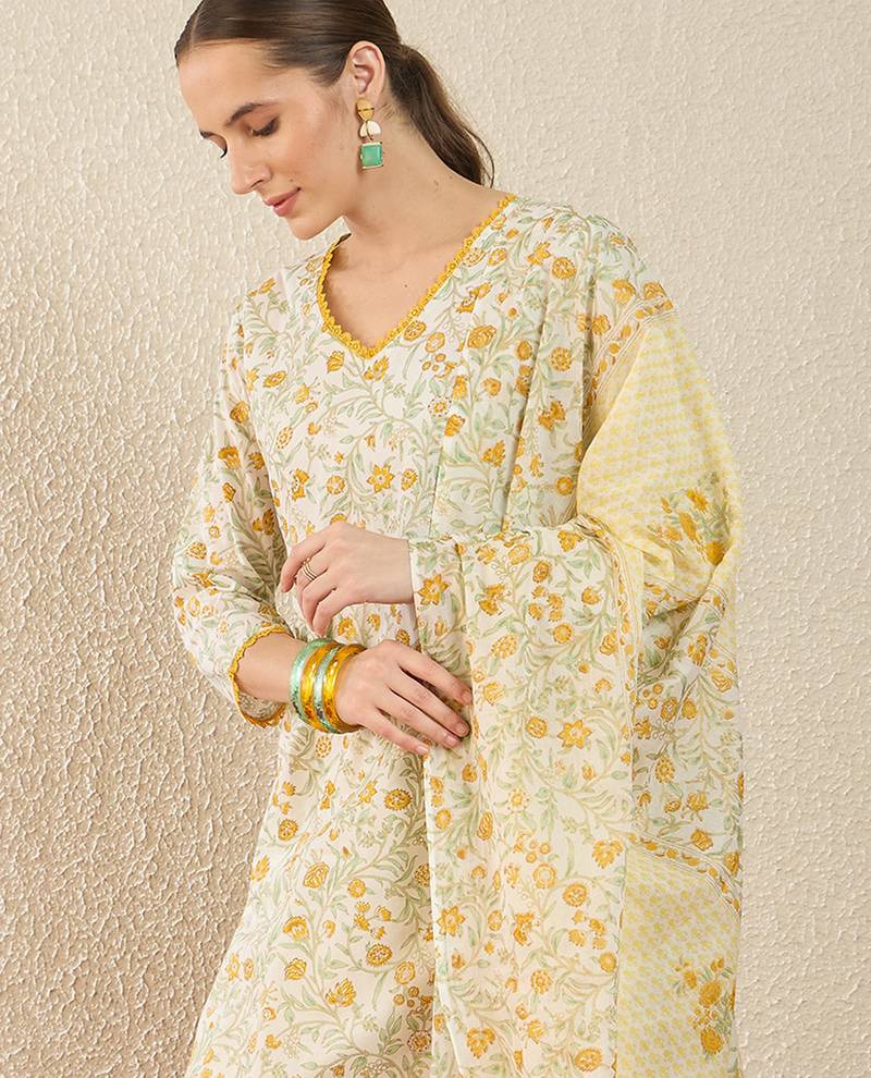 Off white printed pure cotton kurta trouser dupatta set