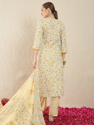 Off white printed pure cotton kurta trouser dupatta set 2