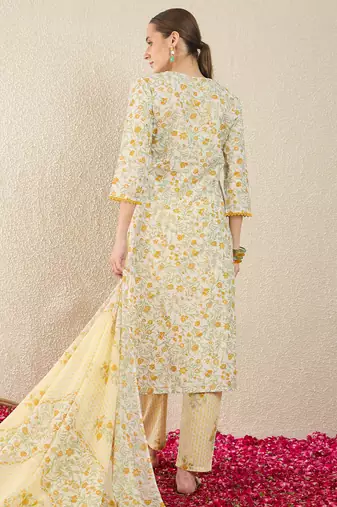 Off white printed pure cotton kurta trouser dupatta set
