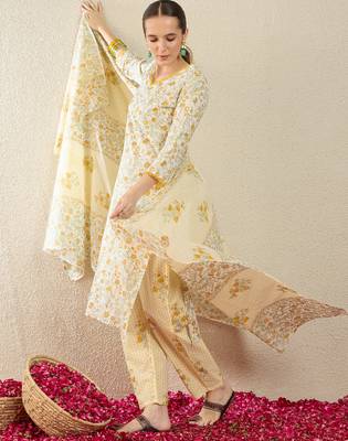 Off white printed pure cotton kurta trouser dupatta set 3