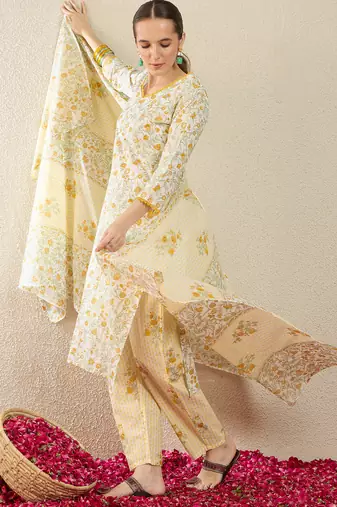 Off white printed pure cotton kurta trouser dupatta set